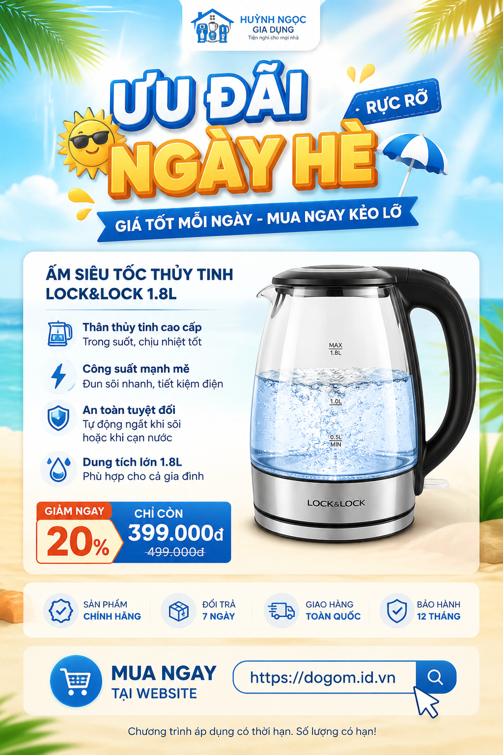 ấm siêu tốc thủy tinh lock&lock 1.8l chính hãng